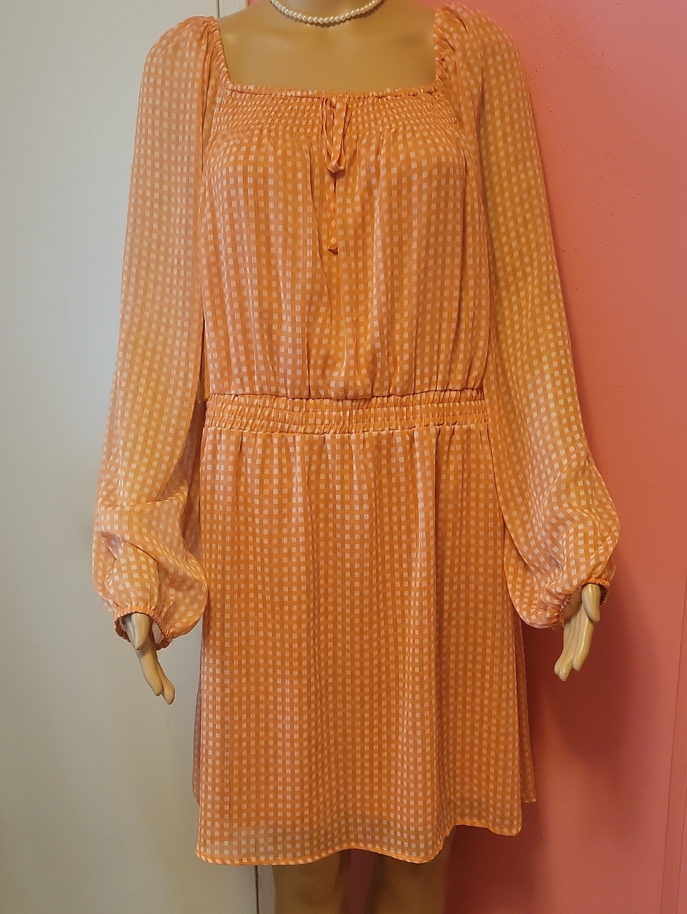 LC Lauren Conrad Peach Long-Sleeve Smocked Waist Dress